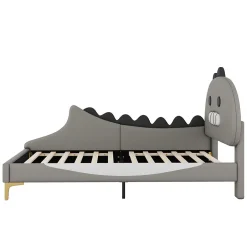 Generique Lit enfant 90x200 cm - Lit Simple Dinosaure avec Tête de Lit Décorative - PU et MDF - Gris - Sans Matelas