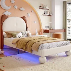 Enfant Okwish Lit enfant 90x200 cm - Lit Tête de Chat avec LED intégrée - PU - Sans matelas - Beige