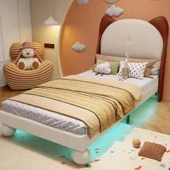 Enfant Okwish Lit enfant 90x200 cm - Lit Tête de Chat avec LED intégrée - PU - Sans matelas - Beige
