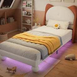 Enfant Okwish Lit enfant 90x200 cm - Lit Tête de Chat avec LED intégrée - PU - Sans matelas - Beige