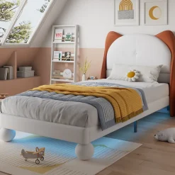 Enfant Okwish Lit enfant 90x200 cm - Lit Tête de Chat avec LED intégrée - PU - Sans matelas - Beige