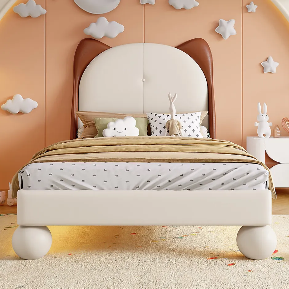 Enfant Okwish Lit enfant 90x200 cm - Lit Tête de Chat avec LED intégrée - PU - Sans matelas - Beige