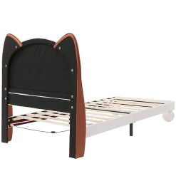 Enfant Okwish Lit enfant 90x200 cm - Lit Tête de Chat avec LED intégrée - PU - Sans matelas - Beige