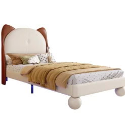 Enfant Okwish Lit enfant 90x200 cm - Lit Tête de Chat avec LED intégrée - PU - Sans matelas - Beige