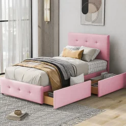 Okwish Lit enfant 90x200 cm - Sommier À Lattes et 2 Tiroirs, Lit Confortable avec Rangement Sous Le Lit, en Velours Rose, Sans Matelas Outlet