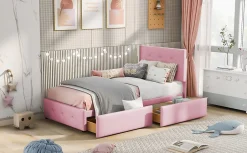 Okwish Lit enfant 90x200 cm - Sommier À Lattes et 2 Tiroirs, Lit Confortable avec Rangement Sous Le Lit, en Velours Rose, Sans Matelas Outlet