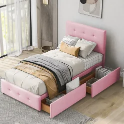 Okwish Lit enfant 90x200 cm - Sommier À Lattes et 2 Tiroirs, Lit Confortable avec Rangement Sous Le Lit, en Velours Rose, Sans Matelas Outlet
