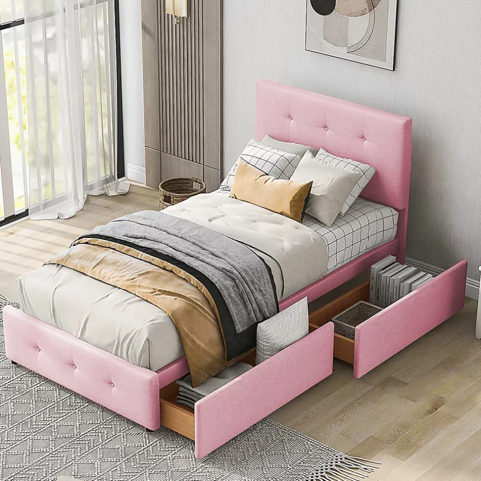 Okwish Lit enfant 90x200 cm - Sommier À Lattes et 2 Tiroirs, Lit Confortable avec Rangement Sous Le Lit, en Velours Rose, Sans Matelas Outlet