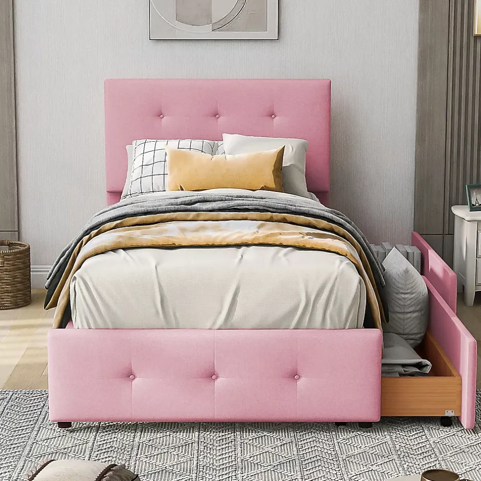 Okwish Lit enfant 90x200 cm - Sommier À Lattes et 2 Tiroirs, Lit Confortable avec Rangement Sous Le Lit, en Velours Rose, Sans Matelas Outlet