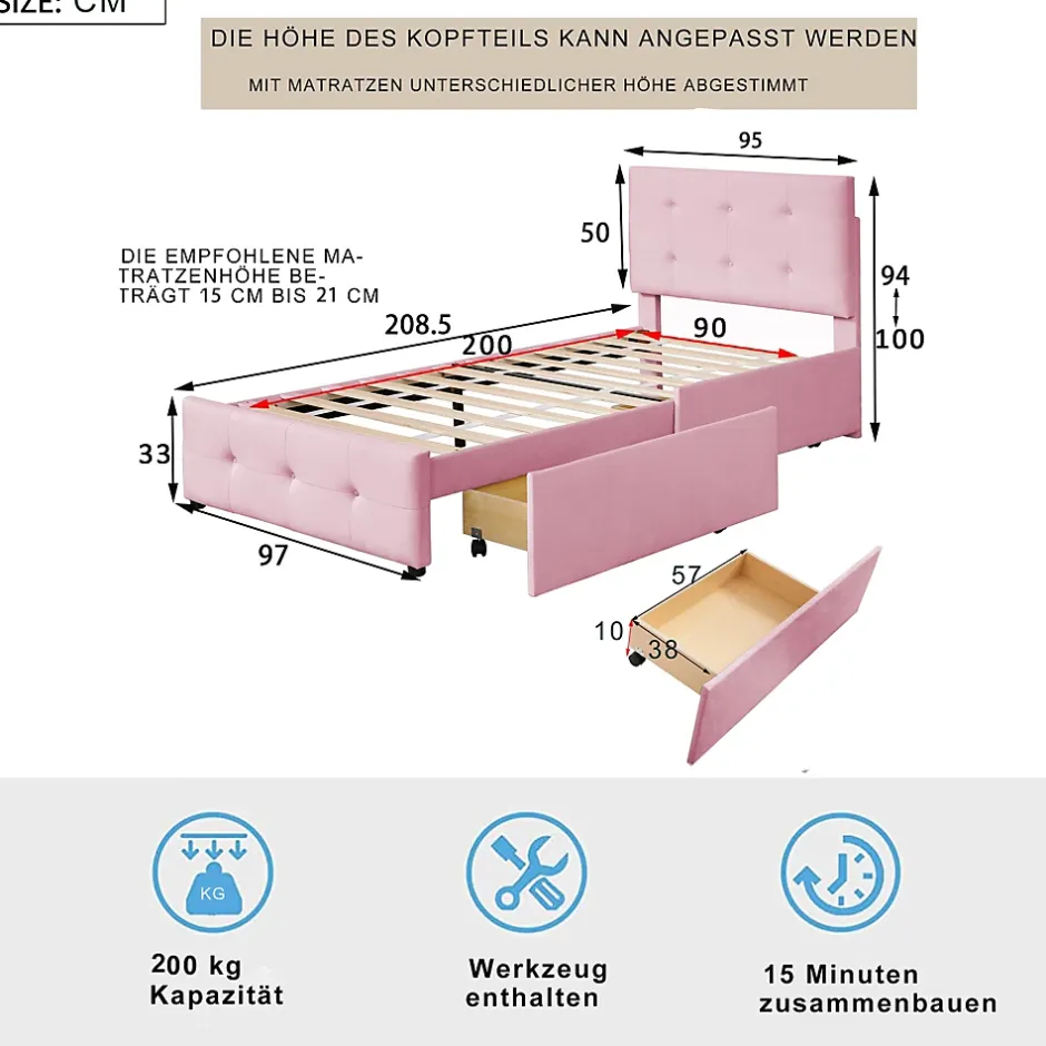 Okwish Lit enfant 90x200 cm - Sommier À Lattes et 2 Tiroirs, Lit Confortable avec Rangement Sous Le Lit, en Velours Rose, Sans Matelas Outlet