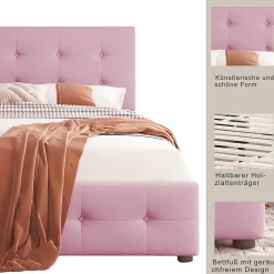 Okwish Lit enfant 90x200 cm - Sommier À Lattes et 2 Tiroirs, Lit Confortable avec Rangement Sous Le Lit, en Velours Rose, Sans Matelas Outlet