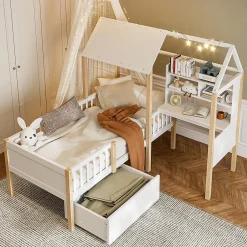 Enfant Blackcolors Lit enfant 90x200 cm, barrières, bureau L, tiroirs, bois massif - blanc