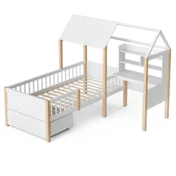 Enfant Blackcolors Lit enfant 90x200 cm, barrières, bureau L, tiroirs, bois massif - blanc