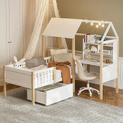 Enfant Blackcolors Lit enfant 90x200 cm, barrières, bureau L, tiroirs, bois massif - blanc