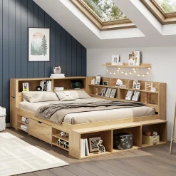 Enfant Blackcolors Lit enfant 140x200 cm, bois massif, tiroirs, armoire, recharge sans fil - naturel