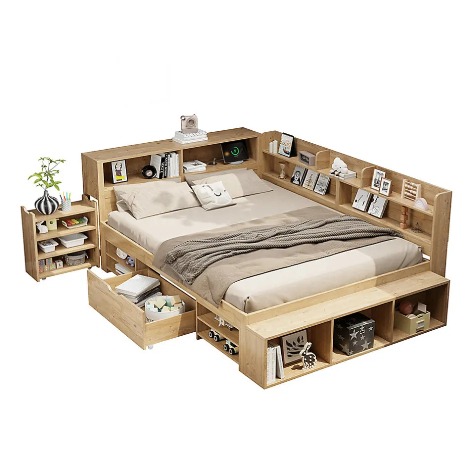 Enfant Blackcolors Lit enfant 140x200 cm, bois massif, tiroirs, armoire, recharge sans fil - naturel
