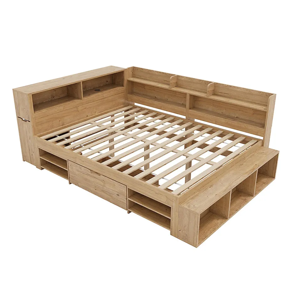 Enfant Blackcolors Lit enfant 140x200 cm, bois massif, tiroirs, armoire, recharge sans fil - naturel