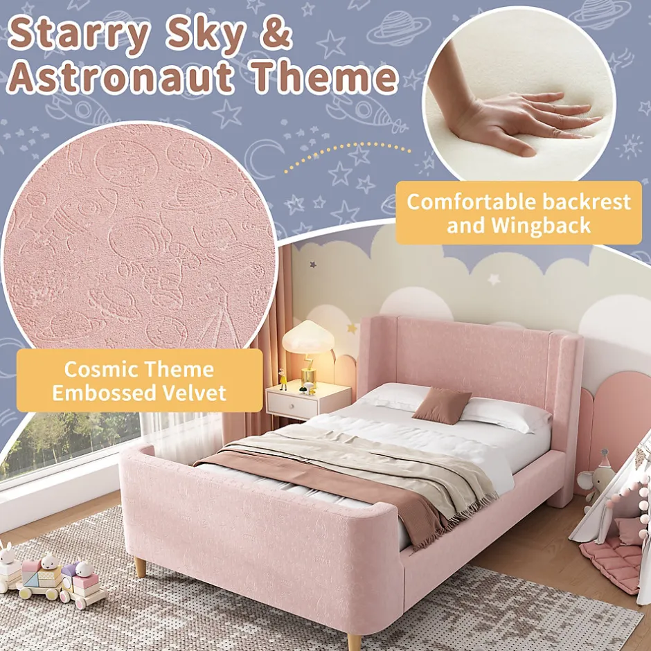 Enfant ModernLuxe Lit enfant 90x200 cm capitonné en velours Rose (matelas non inclus)