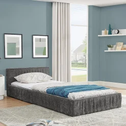 Enfant Blackcolors Lit enfant 90x200 cm, chenille veloutée, bois eucalyptus - gris foncé