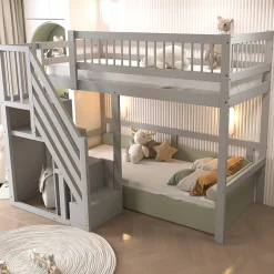 Enfant ProximaX Lit enfant 90x200 cm en bois massif gris avec escalier et rangement intégré, lit pratique et solide pour enfants et adolescents