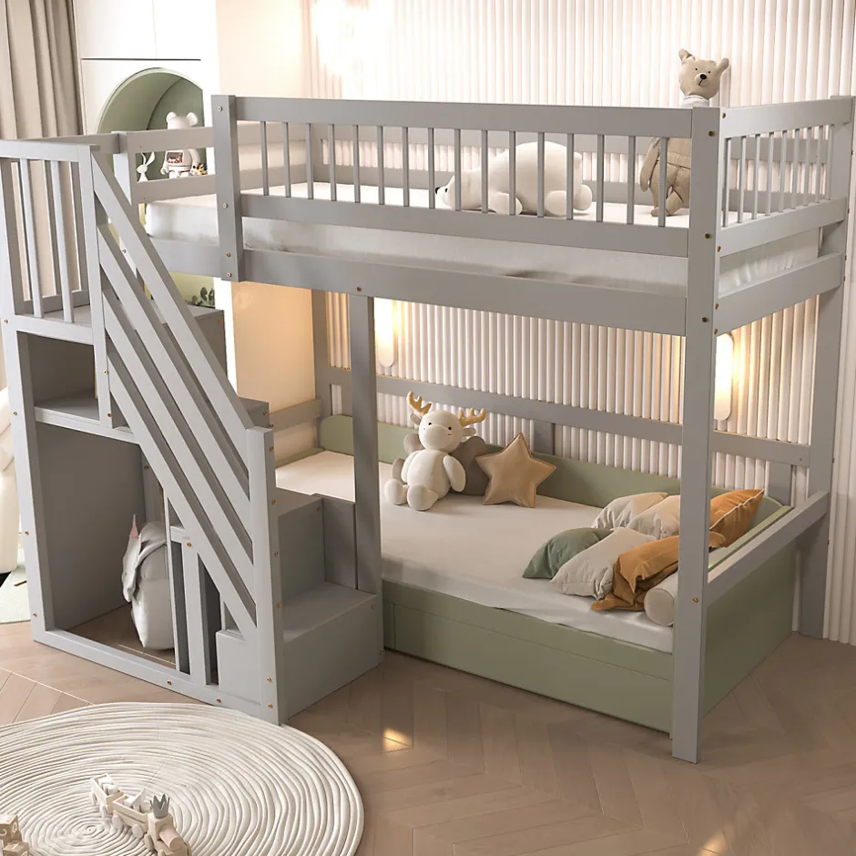 Enfant ProximaX Lit enfant 90x200 cm en bois massif gris avec escalier et rangement intégré, lit pratique et solide pour enfants et adolescents