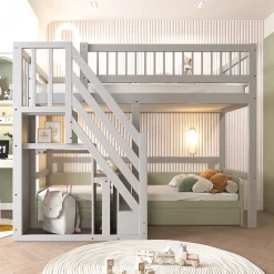 Enfant ProximaX Lit enfant 90x200 cm en bois massif gris avec escalier et rangement intégré, lit pratique et solide pour enfants et adolescents