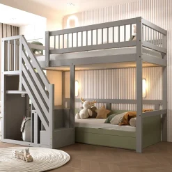 Enfant ProximaX Lit enfant 90x200 cm en bois massif gris avec escalier et rangement intégré, lit pratique et solide pour enfants et adolescents