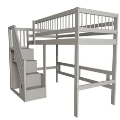 Enfant ProximaX Lit enfant 90x200 cm en bois massif gris avec escalier et rangement intégré, lit pratique et solide pour enfants et adolescents