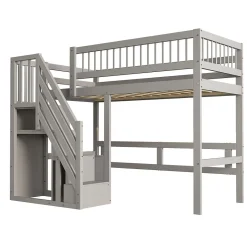 Enfant ProximaX Lit enfant 90x200 cm en bois massif gris avec escalier et rangement intégré, lit pratique et solide pour enfants et adolescents