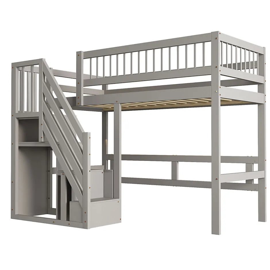 Enfant ProximaX Lit enfant 90x200 cm en bois massif gris avec escalier et rangement intégré, lit pratique et solide pour enfants et adolescents