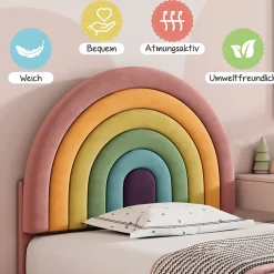 Okwish Lit enfant 90x200 cm, Lit Capitonné avec Tête de Lit Arc-en-Ciel Réglable, Revêtement en Velours Doux - Rose, Sans Matelas Sale
