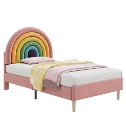 Okwish Lit enfant 90x200 cm, Lit Capitonné avec Tête de Lit Arc-en-Ciel Réglable, Revêtement en Velours Doux - Rose, Sans Matelas Sale