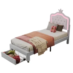 Simple Life Lit enfant 90x200 cm, lit simple avec sommier à lattes, tiroirs, LED, lit princesse avec couronne, blanc Discount