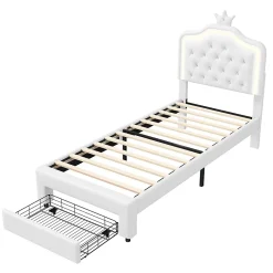 Simple Life Lit enfant 90x200 cm, lit simple avec sommier à lattes, tiroirs, LED, lit princesse avec couronne, blanc Discount