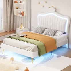 ProximaX Lit enfant 90x200 cm PU blanc, cadre couronne, LED, sommier à lattes, dossier, pratique et décoratif, sans matelas