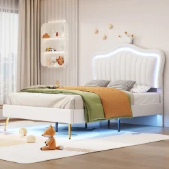 ProximaX Lit enfant 90x200 cm PU blanc, cadre couronne, LED, sommier à lattes, dossier, pratique et décoratif, sans matelas
