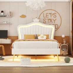 ProximaX Lit enfant 90x200 cm PU blanc, cadre couronne, LED, sommier à lattes, dossier, pratique et décoratif, sans matelas