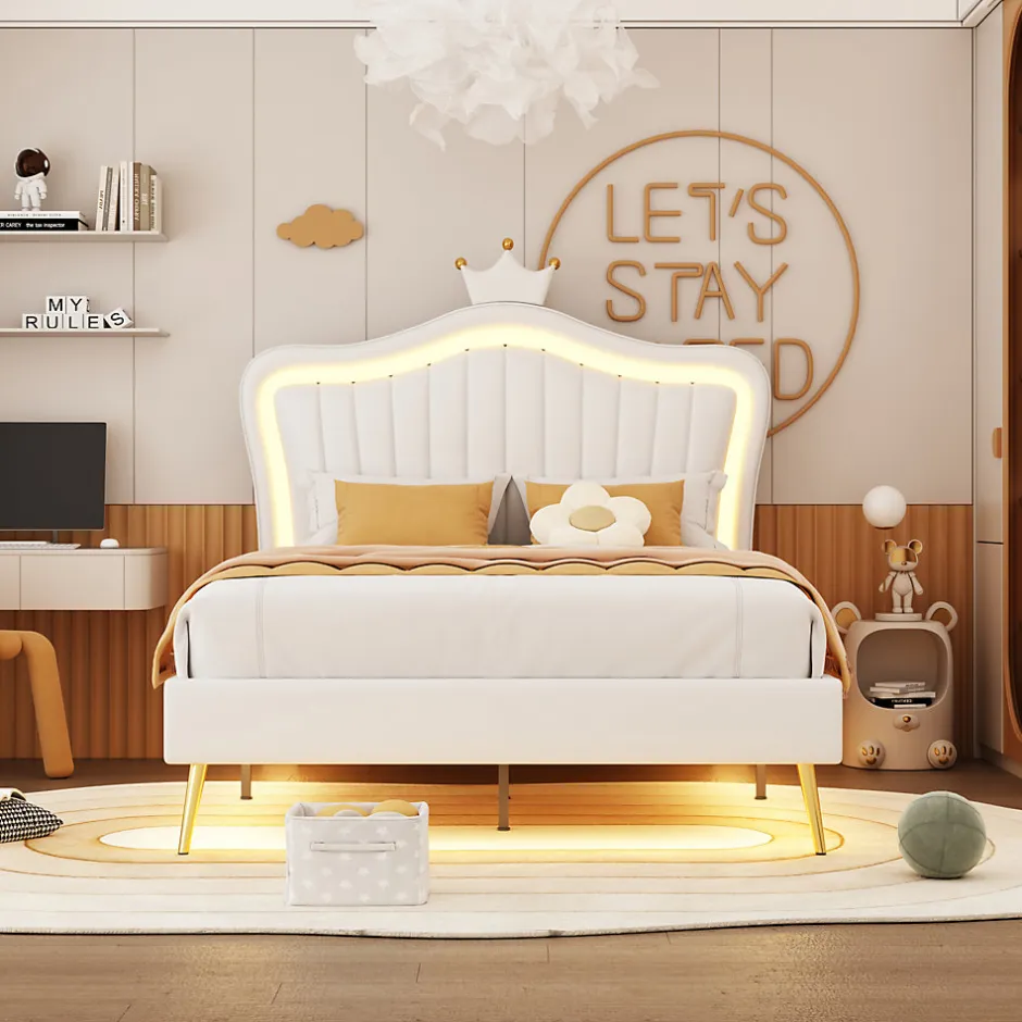 ProximaX Lit enfant 90x200 cm PU blanc, cadre couronne, LED, sommier à lattes, dossier, pratique et décoratif, sans matelas