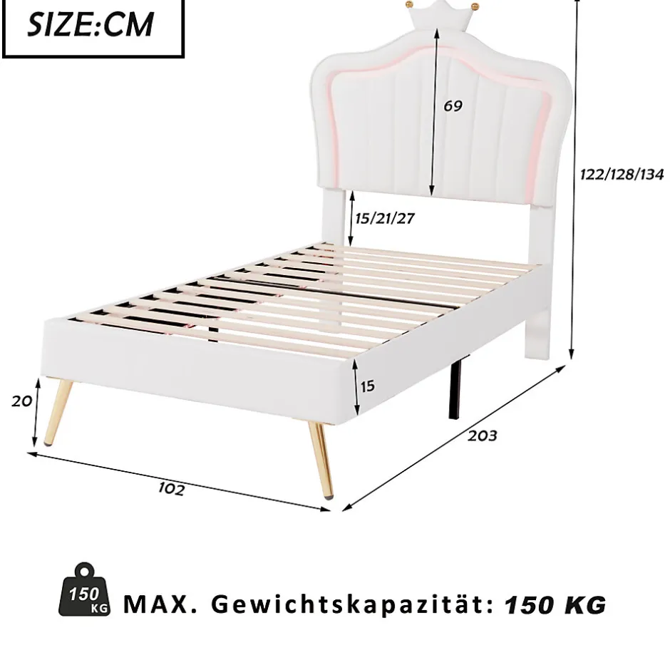 ProximaX Lit enfant 90x200 cm PU blanc, cadre couronne, LED, sommier à lattes, dossier, pratique et décoratif, sans matelas