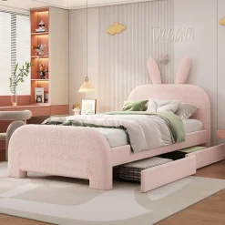 ProximaX Lit enfant 90x200 cm rembourré laine rose avec tête cartoon lapin et 2 tiroirs de rangement, Pratique et ludique