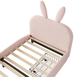 ProximaX Lit enfant 90x200 cm rembourré laine rose avec tête cartoon lapin et 2 tiroirs de rangement, Pratique et ludique