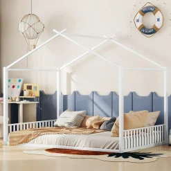ProximaX Lit enfant 140x200 cm sans matelas, cadre en métal avec tête de lit en forme de maison, confortable, blanc