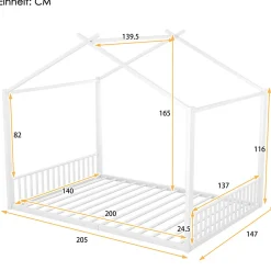 ProximaX Lit enfant 140x200 cm sans matelas, cadre en métal avec tête de lit en forme de maison, confortable, blanc