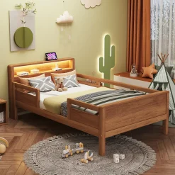 Enfant Okwish Lit enfant 90x200 cm simple avec USB/Type-C, LED et tête de lit rangement, pin massif et MDF naturel, sans matelas