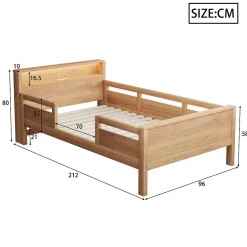 Enfant Okwish Lit enfant 90x200 cm simple avec USB/Type-C, LED et tête de lit rangement, pin massif et MDF naturel, sans matelas