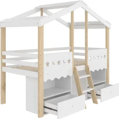 Okwish Lit enfant 90x200 cm simple mi-hauteur avec cabane, tiroirs pratiques et éclairage LED, pin+MDF blanc et bois clair Hot