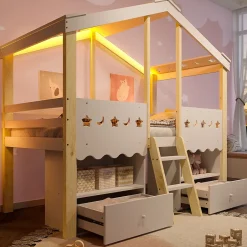 Okwish Lit enfant 90x200 cm simple mi-hauteur avec cabane, tiroirs pratiques et éclairage LED, pin+MDF blanc et bois clair Hot