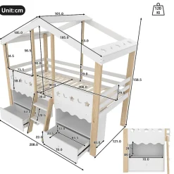 Okwish Lit enfant 90x200 cm simple mi-hauteur avec cabane, tiroirs pratiques et éclairage LED, pin+MDF blanc et bois clair Hot