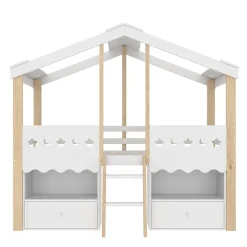 Okwish Lit enfant 90x200 cm simple mi-hauteur avec cabane, tiroirs pratiques et éclairage LED, pin+MDF blanc et bois clair Hot