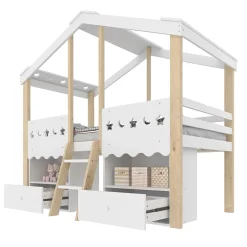 Okwish Lit enfant 90x200 cm simple mi-hauteur avec cabane, tiroirs pratiques et éclairage LED, pin+MDF blanc et bois clair Hot